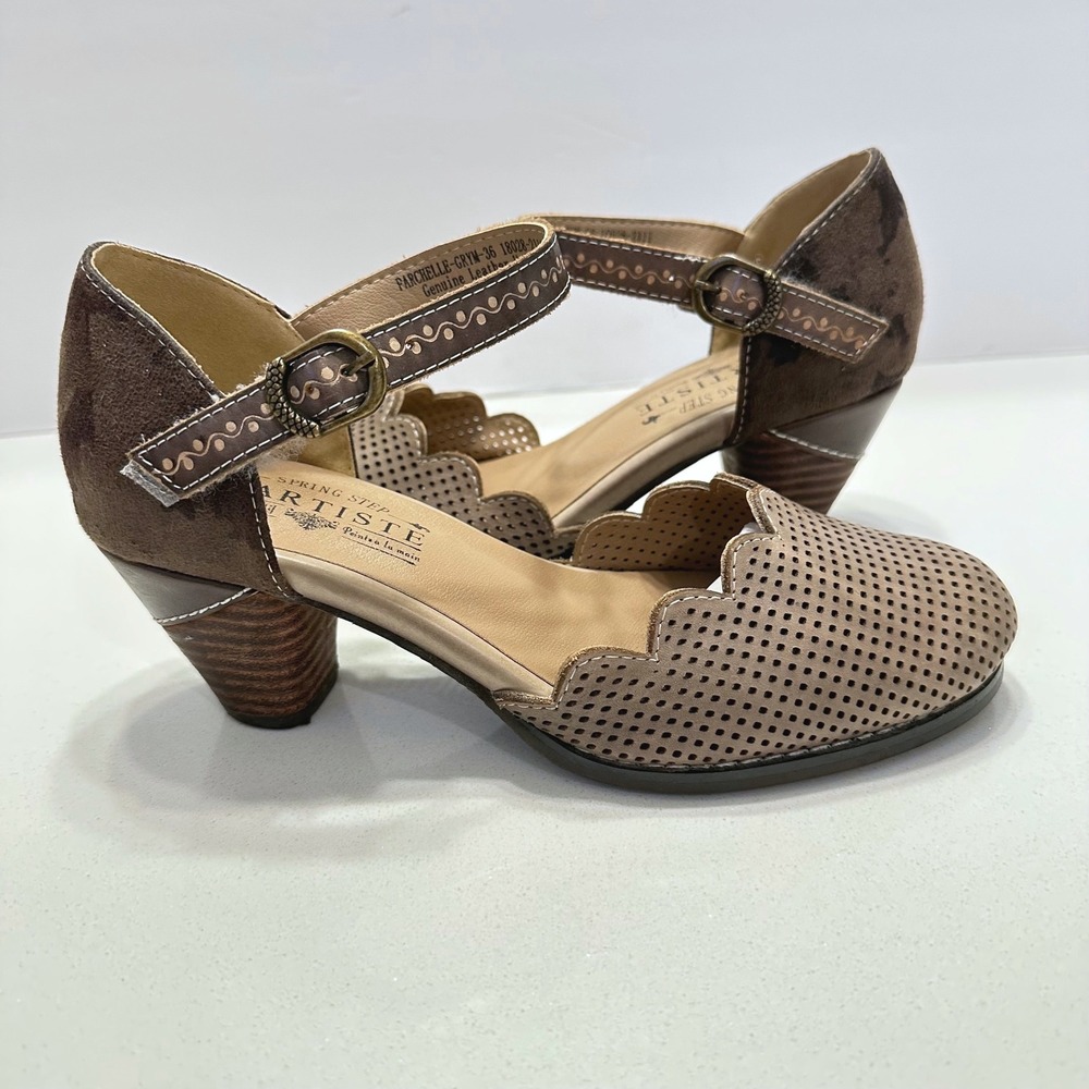 Spring Step L Artiste Parchelle Grey Brown Leather Mary Jane Pumps 36 5.5-6